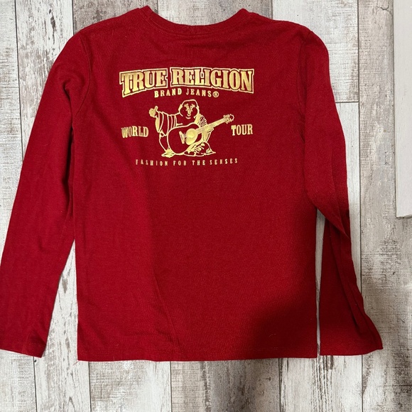 True Religion Red T Shirt Buddha Logo Gold Foil Graphic Long Sleeve Sz 16 Child - Picture 1 of 4